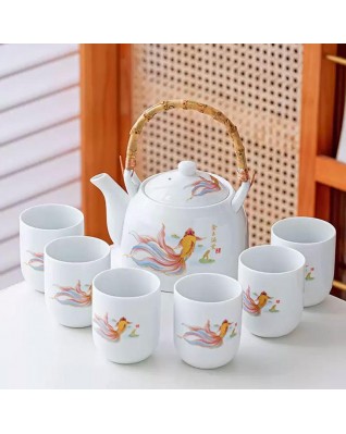 (Colorful Phoenix) Teapot Set 800ml Porcelain Teapot with Bamboo Handle  6 Cups 