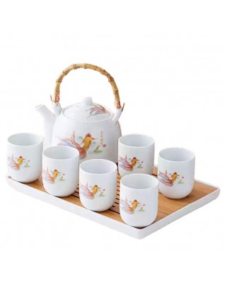 (Colorful Phoenix) Teapot Set 800ml Porcelain Teapot with Bamboo Handle  6 Cups 