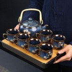 Teapot Set Glaze Porcelain Teapot with Bamboo Handle, 6 Cups Bamboo Tray (Indigo Blossom)