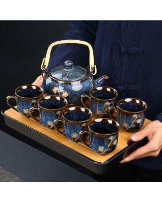 Teapot Set Glaze Porcelain Teapot with Bamboo Handle, 6 Cups Bamboo Tray (Indigo Blossom)