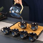 Teapot Set Glaze Porcelain Teapot with Bamboo Handle, 6 Cups Bamboo Tray (Indigo Blossom)