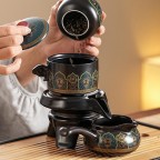 Ceramic Kung Fu Tea Set - Tea Set with Gong Dao Teapot and 6 Teacups (Black and Gold Pattern)