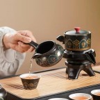 Ceramic Kung Fu Tea Set - Tea Set with Gong Dao Teapot and 6 Teacups (Black and Gold Pattern)