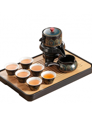 Ceramic Kung Fu Tea Set - Tea Set with Gong Dao Teapot and 6 Teacups (Black and Gold Pattern)