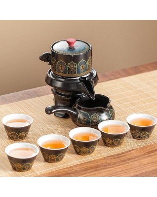 Ceramic Kung Fu Tea Set - Tea Set with Gong Dao Teapot and 6 Teacups (Black and Gold Pattern)