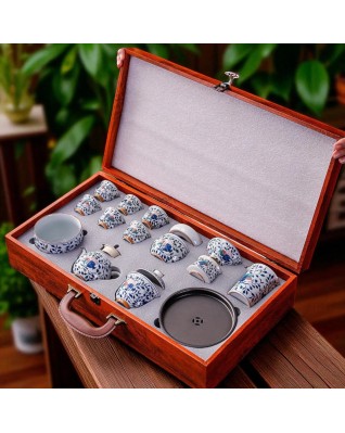 Teapot Gaiwan Set Blue-White Porcelain Gongfu Tea Set with Tea Infuser, Fairness Pitcher & 6 Cups (Peony)