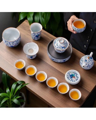 Teapot Gaiwan Set Blue-White Porcelain Gongfu Tea Set with Tea Infuser, Fairness Pitcher & 6 Cups (Peony)