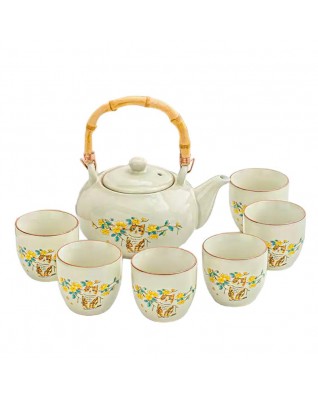 Teapot Set 800ml Porcelain Teapot with Bamboo Handle  6 Cups (Cat  Yellow Floral)