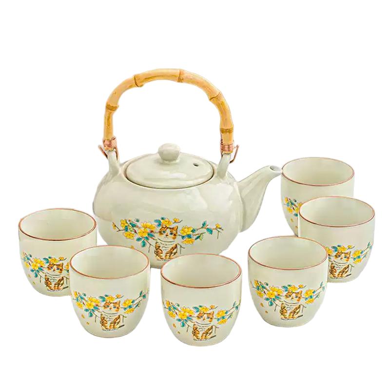 Teapot Set 800ml Porcelain Teapot with Bamboo Handle  6 Cups (Cat  Yellow Floral)