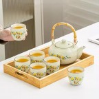 Teapot Set 800ml Porcelain Teapot with Bamboo Handle  6 Cups (Cat  Yellow Floral)