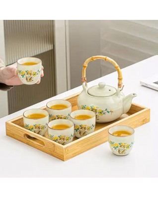 Teapot Set 800ml Porcelain Teapot with Bamboo Handle  6 Cups (Cat  Yellow Floral)