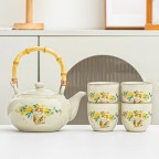 Teapot Set 800ml Porcelain Teapot with Bamboo Handle  6 Cups (Cat  Yellow Floral)