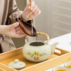 Teapot Set 800ml Porcelain Teapot with Bamboo Handle  6 Cups (Cat  Yellow Floral)