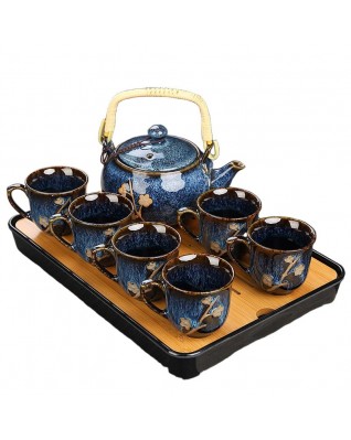 Teapot Set Glaze Porcelain Teapot with Bamboo Handle, 6 Cups Bamboo Tray (Indigo Blossom)