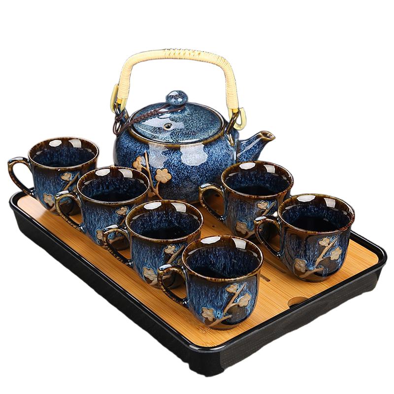 Teapot Set Glaze Porcelain Teapot with Bamboo Handle, 6 Cups Bamboo Tray (Indigo Blossom)