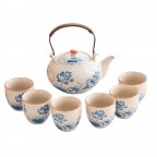 White porcelain six-cup teapot set with iron handle (lotus pattern)
