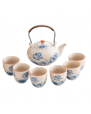 White porcelain six-cup teapot set with iron handle (lotus pattern)