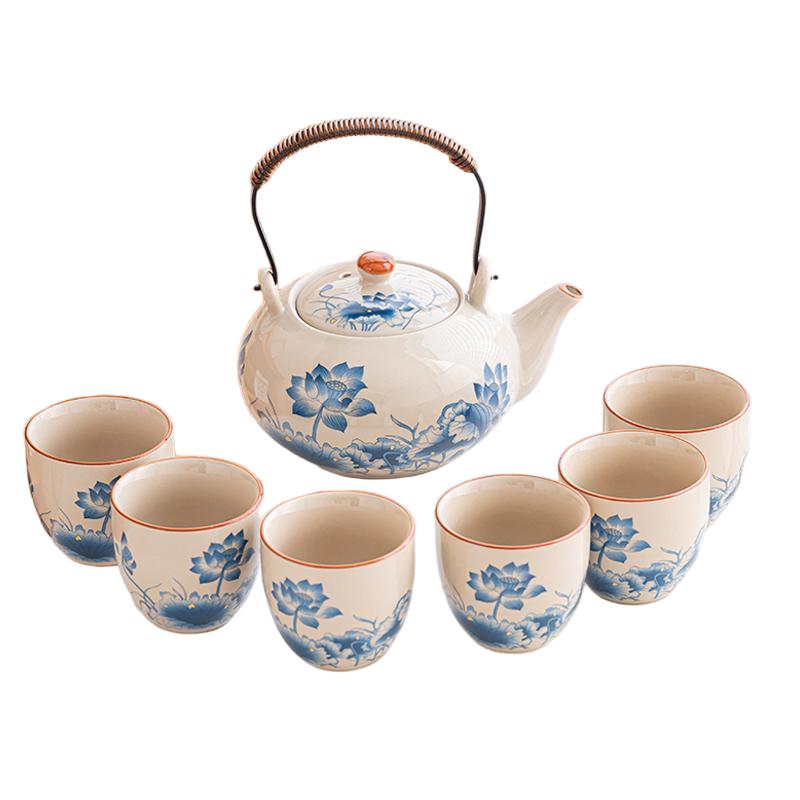 White porcelain six-cup teapot set with iron handle (lotus pattern)