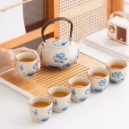 White porcelain six-cup teapot set with iron handle (lotus pattern)