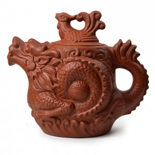 18 oz Dragon and Phoenix Auspicious and Happy Zisha Kung Fu Teapot (Red)