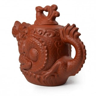 18 oz Dragon and Phoenix Auspicious and Happy Zisha Kung Fu Teapot (Red)